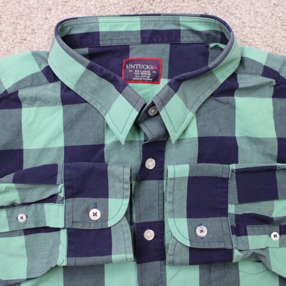 UNTUCKit Shirt Mens 2XLT XXL Tall Green/Blue Buffalo Plaid Bonarda‎ Long Sleeve